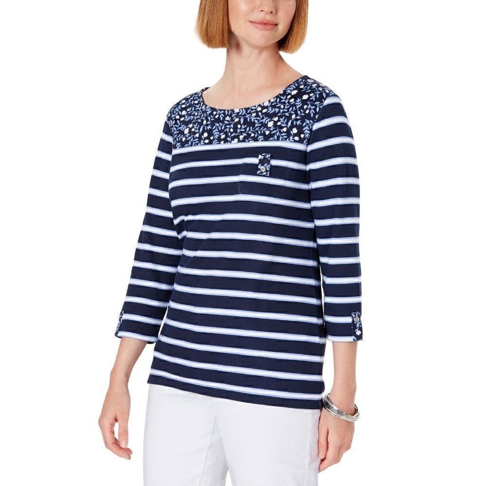 Karen Scott NEW Petite Blue/White Striped Top PXS‎